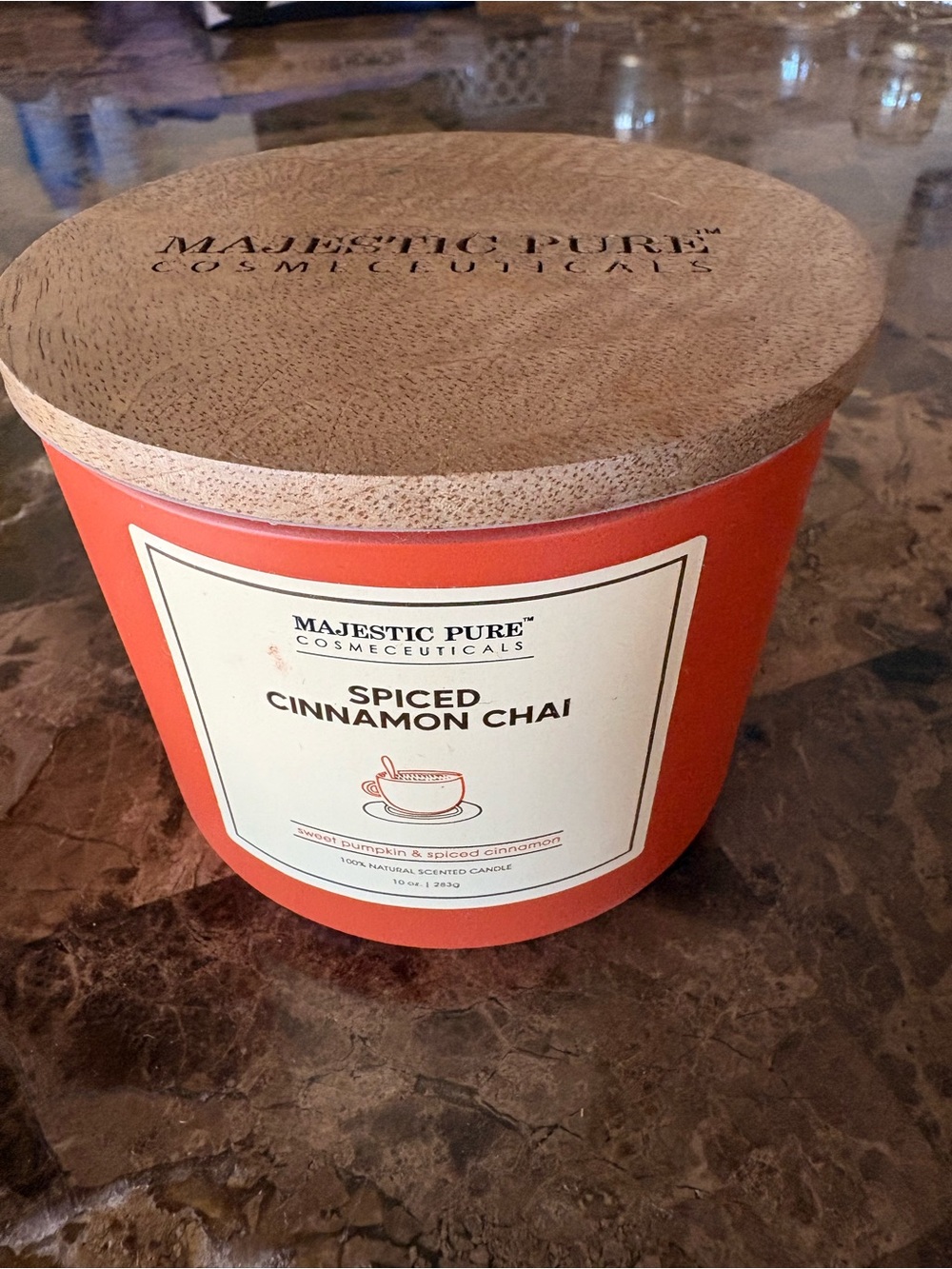 Majestic Pure Cosmeceuticals NWT  Spiced Cinnamon Chai Orange Candle/Wooden Lid
